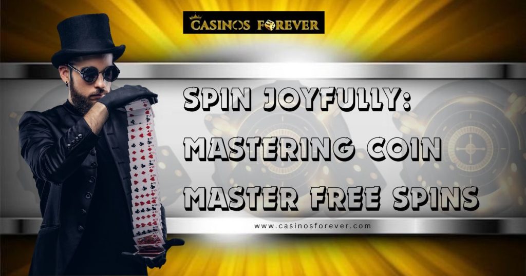 Mobile phone displaying the Coin Master app with a 'Free Spins' feature highlighted, surrounded by vibrant game elements.